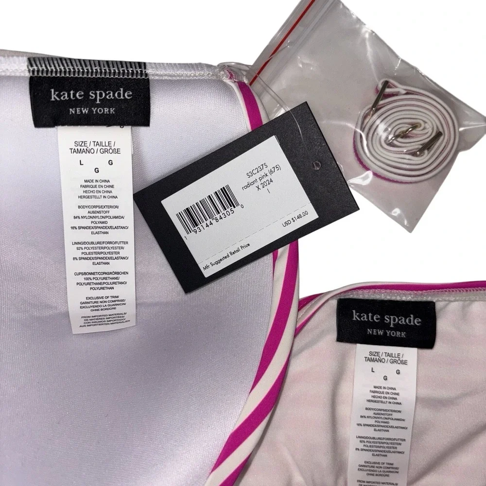 Kate Spade Radiant Pink Striped Bandeau Bikini Set Size Large‎ New With Tags